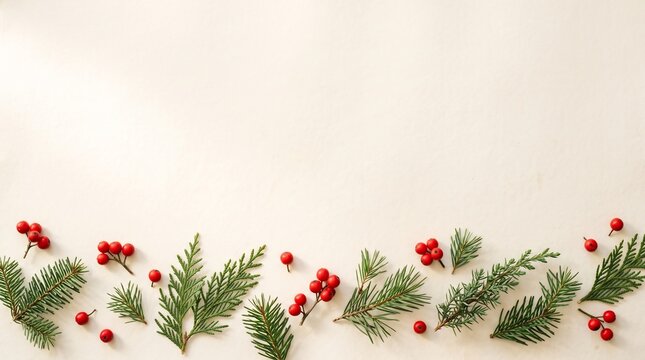 Minimalist winter foliage border with spruce twigs and red berries
