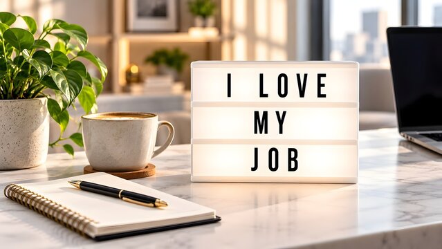 I Love My Job message on a light box at a desk