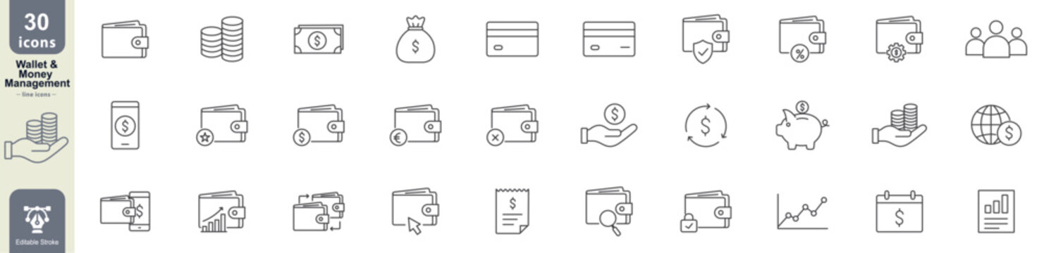 Wallet and money management line icon set including finance, payment, savings, banking, investment, security, budgeting, and digital currency concepts editable stroke
