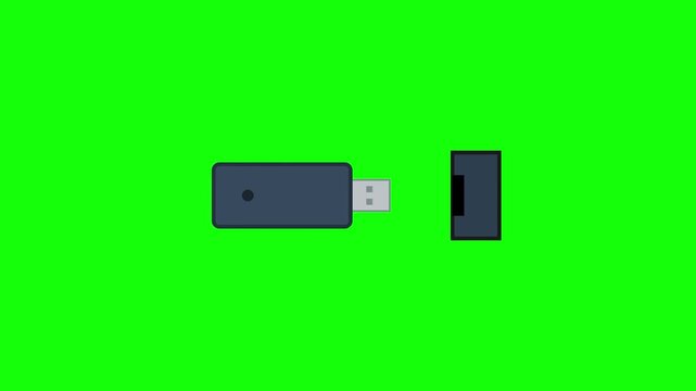 Flat 2D vector animation icon of a dark grey USB flash drive with a glowing blue LED indicator light, isolated on a chroma key green screen for data storage and transfer concepts.