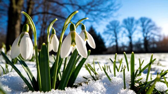 White snowdrop flowers emerging from snow on a sunny winter day