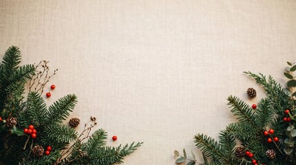 Pine branches with red berries and eucalyptus on beige linen background