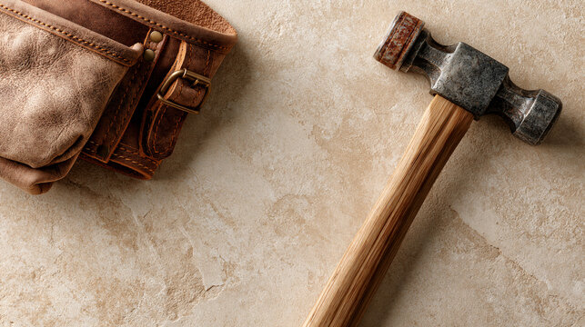 Weathered metal hammer resting next to worn brown leather utility pouch on textured beige stone surface capturing classic construction tools in bright soft natural overhead lighting