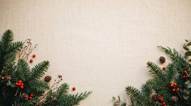 Pine branches with red berries and eucalyptus on beige linen background
