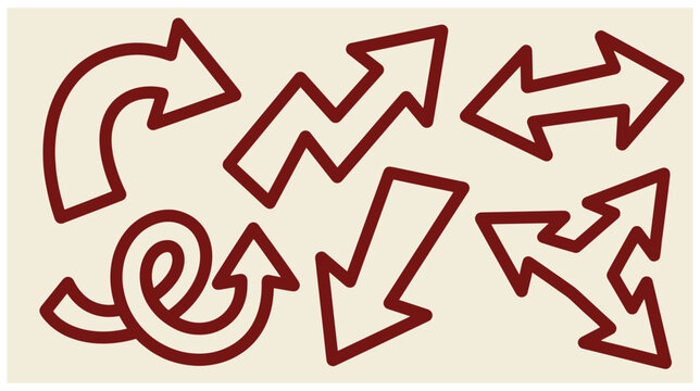 Set of hand drawn curved zigzag double side directional sketch arrows with zigzag arrow pointer set loop arrow split direction outline vector doodle set movement indicators line art