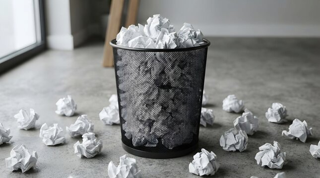 trash bin with crumpled paper