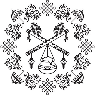 Indian Festival Line Art Mandala With Dandiya Sticks, Peacock Feathers and Dahi Handi Pot