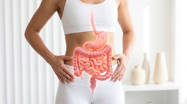 Digital 3D overlay illustration of a healthy female digestive system showing stomach and intestinal tract.