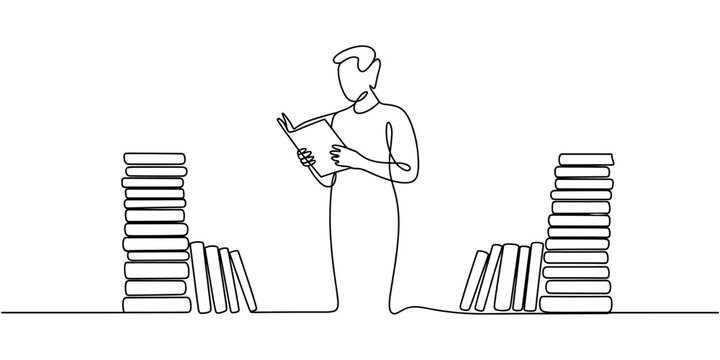 Continuous line drawing of person reading book standing between book stacks vector illustration
