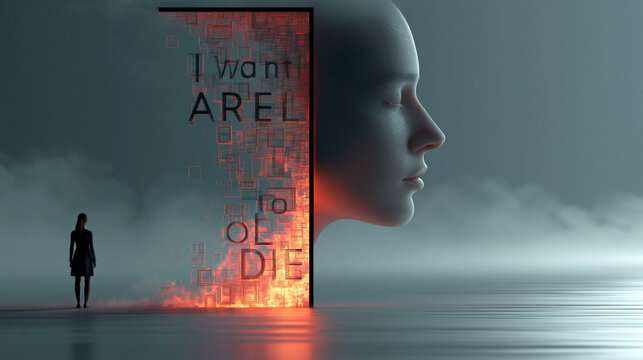 Surreal digital art of a woman facing a giant AI face and fiery portal, symbolizing existential dread and digital transformation.
