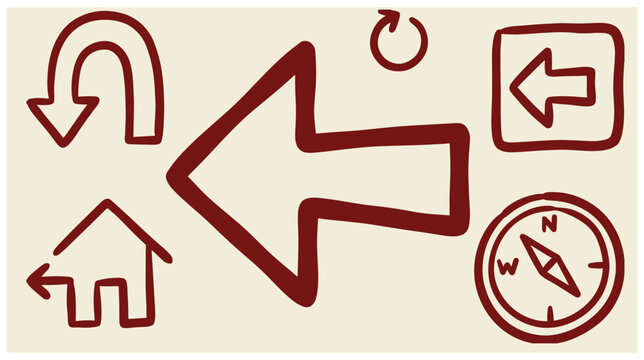 Hand drawn red outline sketch collection featuring a left arrow curved u-turn arrow refresh reload symbol house directional pointer a navigational compass house icon directional symbols