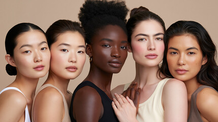 Fototapeta premium Diverse group of women with different skin tones and ethnicities showcasing natural beauty and skincare