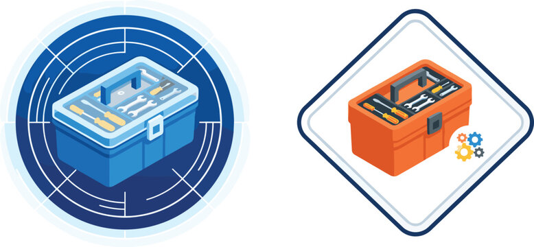Isometric Open Toolbox Icons Set With Screwdrivers And Wrenches