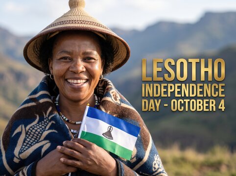 Smiling mosotho woman wearing a traditional basotho conical hat and patterned blanket holding a small lesotho flag with mountains in the background on independence day october 4