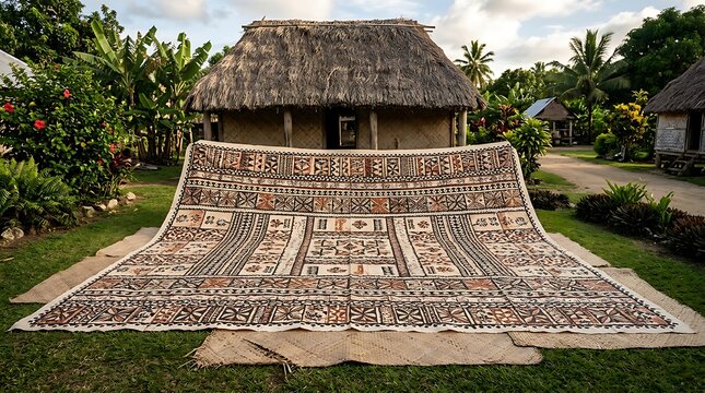 Large traditional tapa bark cloth displayed outside a thatched hut