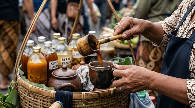 Traditional indonesian vendor pouring herbal jamu drink into a cup