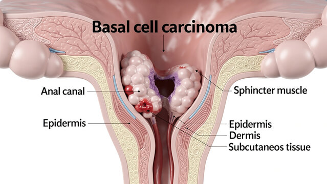 D Medical Illustration of Anal Basal Cell Carcinoma, Tumor Inside Anal Canal Anatomy