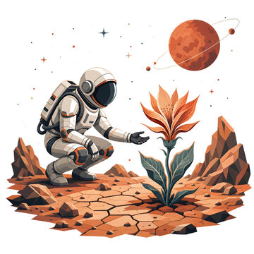 Astronaut kneeling down exploring glowing orange alien flower blooming on rocky red planet surface in surreal cosmic galaxy vector illustration