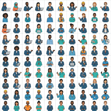 Professional diverse worker avatars in various career uniforms