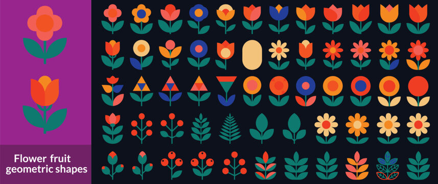 Flower berry fruit abstract geometric shapes. Brutal modern contemporary figure and icon arch cloud vawe star oval circle and other primitive elements. Swiss design aesthetic. Bauhaus memphis design