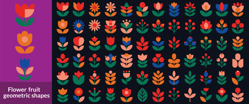 Flower berry fruit abstract geometric shapes. Brutal modern contemporary figure and icon arch cloud vawe star oval circle and other primitive elements. Swiss design aesthetic. Bauhaus memphis design