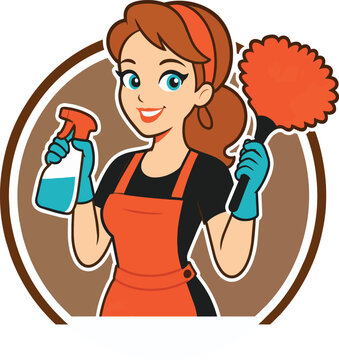 Cartoon Maid Logo for Cleaning Service with Duster and Spray