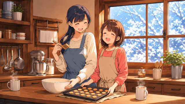 Woman and girl baking cookies by a snowy window, anime illustration，雪景色の窓辺で楽しそうにクッキーを作る女性と少女のアニメイラスト