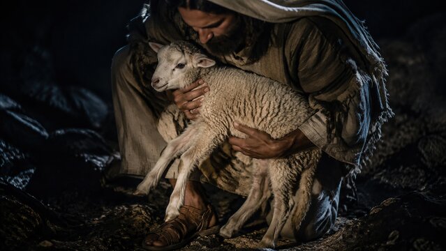 Jesus as good shepherd holding lost lamb in his arms at night. Biblical scene of Christ rescuing sheep, care and salvation concept. Parable of the lost sheep, christian faith and divine love