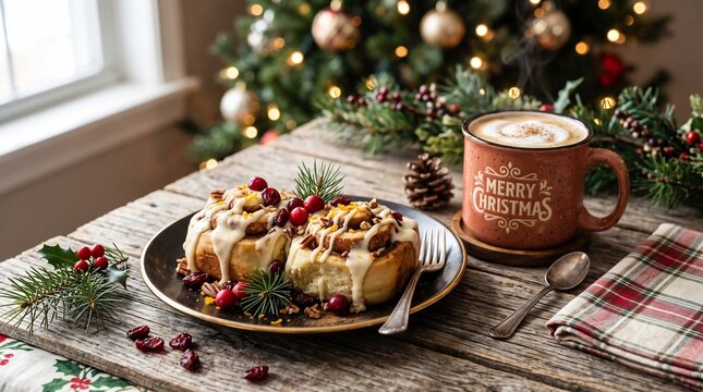 Festive cinnamon rolls with white icing and cranberries beside a holiday coffee mug
