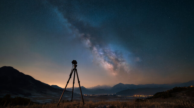 Camera on tripod photographing Milky Way above mountain landscape, crystal clear night sky, astrophotography concept, ultra realistic, no people