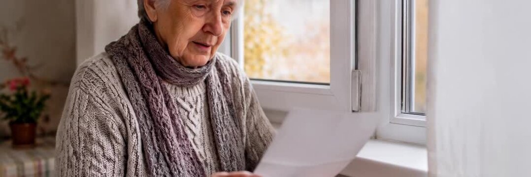Elderly woman worries over expensive heating bill at home, energy poverty and pension costs with copy space