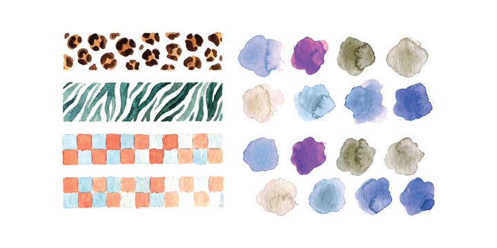 Set of colorful animal print patterns and abstract watercolor paint splashes for creative design