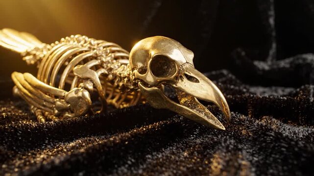 Golden crow skeleton on dark textured fabric.