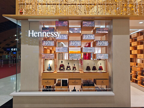 Paris, France-Dec.3rd 2025: Hennessy cognac retail store in Paris Charles de Gaulle Airport