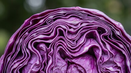 Obraz premium Macro of purple cabbage cross section showing intricate natural wave patterns and organic textures