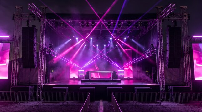 Vibrant outdoor concert stage with pink and purple laser lights, professional music festival stage setup with smoke effects