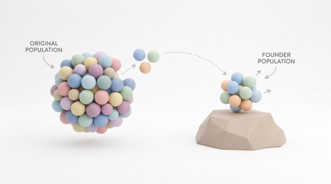 Founder Effect Genetic Drift Illustration Showing Population Bottleneck and Island Colonization