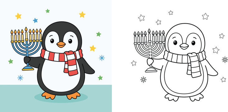 Cute Penguin Holding Menorah Hanukkah Vector Illustration and Coloring Book Line Art Page for Kids Activity