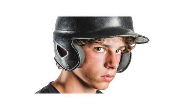 Baseball catcher wearing a heavy protective helmet looks intensely toward the field of play.