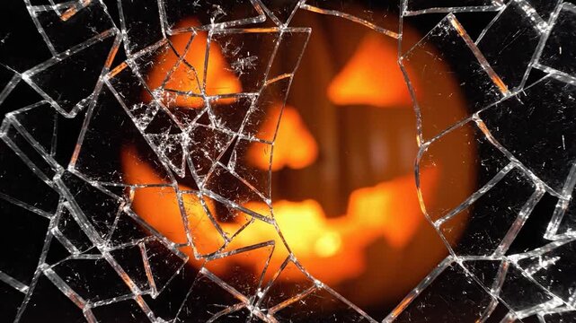 Glowing jack-o-lantern seen through shattered glass shards.