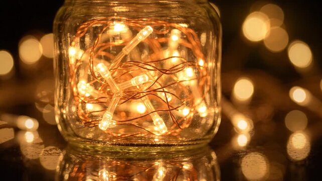 Glowing fairy lights inside glass mason jar.