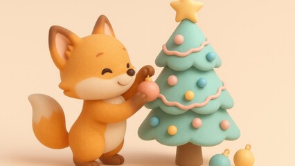 Fototapeta premium Cute fox decorates Christmas tree desktop wallpaper