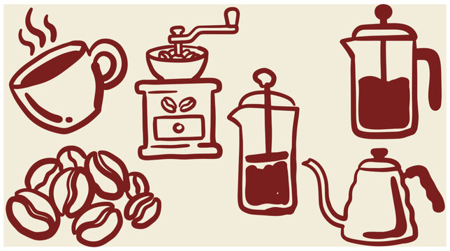 Hand drawn coffee icons including grinder press pot and beans with french press coffee cup doodle sketch espresso maker hot beverage roast beans brew setup morning drink coffee colle