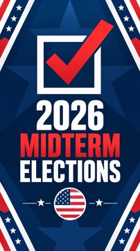 Promotional background for the midterm elections 2026 featuring an american flag and a checkmark design