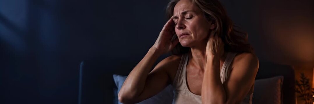 Middle aged woman awake at night with menopause symptoms, hot flash and insomnia concept with copy space