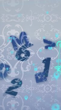 Animation of globes of digital icons over multiple changing numbers against grey background