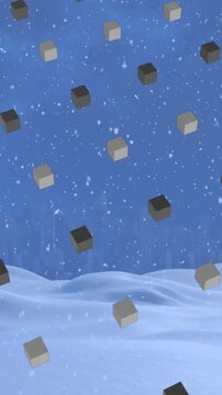 Animation of rows of cubes pattern and christmas snow falling over winter scenery