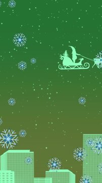Animation of snowflakes falling over santa claus in sleigh pulled by reindeers and cityscape