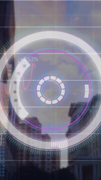 Animation of scope scanning and data processing over cityscape