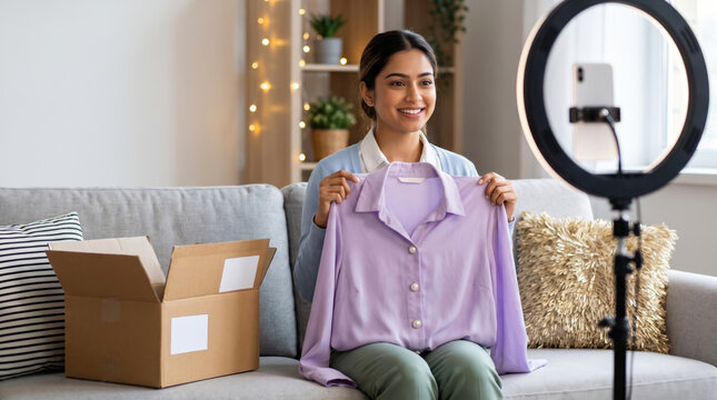 Live shopping stream mobile smartphone live shopping stream mobile smartphone woman holding lavender. Social media livestream selling. online e-business digital marketing, home phone review sale